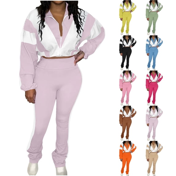 QATAINLAV Womens Fashion Sweatsuit 2 Piece Outfits Long Sleeve Cropped Jacket and Flared Leggings Color Block Jogger Tracksuits Sets, Green, S,