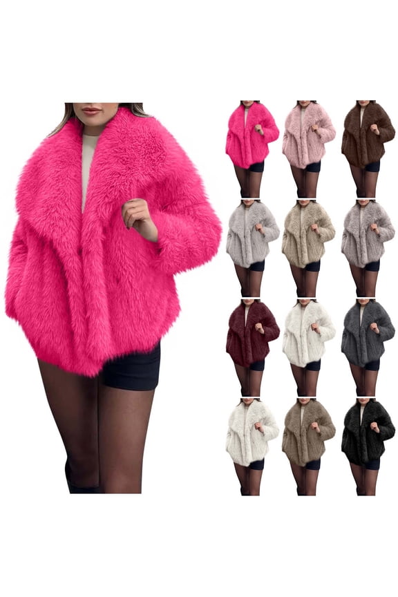 Womens Faux Fur Cropped Coat Winter Warm Fuzzy Outwear Solid Casual Lapel Open Front Long Sleeve Cardigan Jackets, Pink, S
