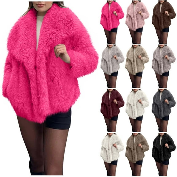 QATAINLAV Womens Faux Fur Cropped Coat Winter Warm Fuzzy Outwear Solid Casual Lapel Open Front Long Sleeve Cardigan Jackets, Wine, L