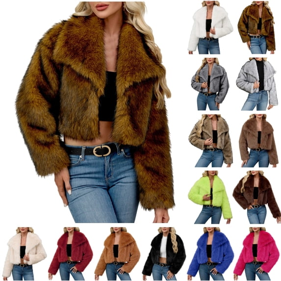 QATAINLAV Womens Faux Fur Cropped Jacket Lapel Collar Open Front Cardigans Long Sleeve Winter Warm Coats, White, M