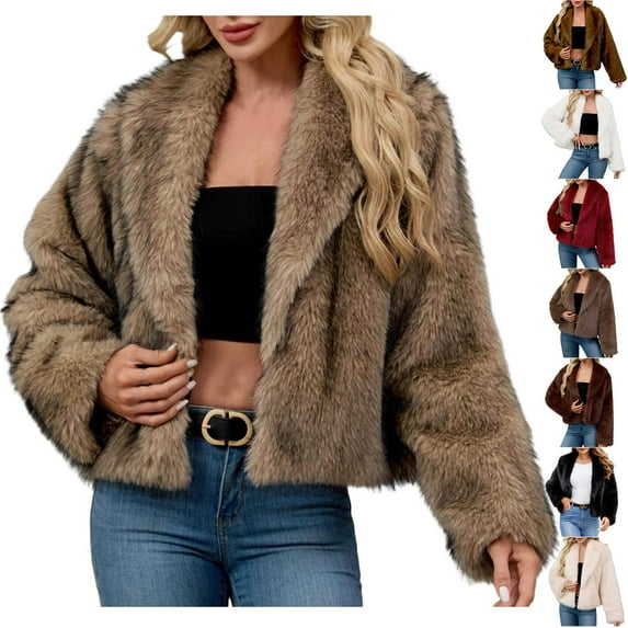 QATAINLAV Womens Faux Fur Cropped Jacket Lapel Open Front Shaggy Cardigan Warm Fleece Winter Coat Brown XXXL