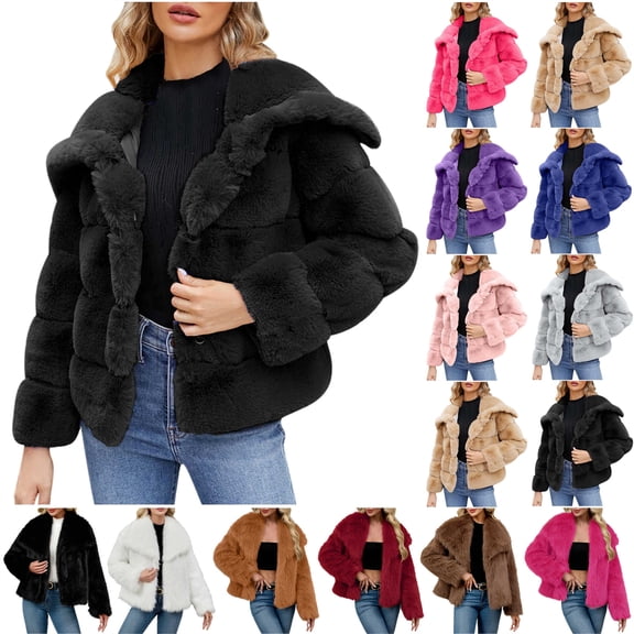 QATAINLAV Womens Faux Fur Jacket Fluffy Fur Cropped Coat Long Sleeve Lapel Open Front Winter Jackets Outerwear Brown XXL
