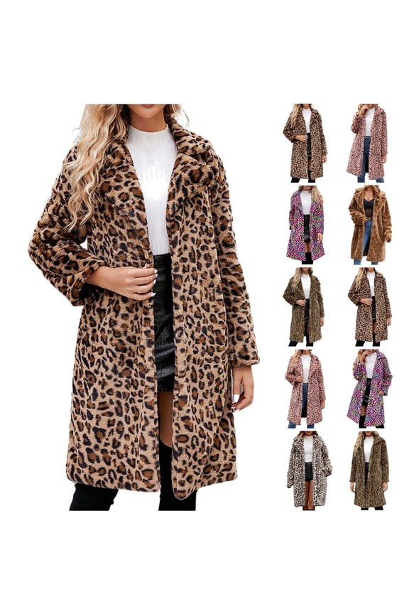 Womens Faux Fur Jacket Long Leopard Print Coat Open Front Fuzzy Fluffy Long Sleeve Cardigan Warm Winter Coats, Khaki, M