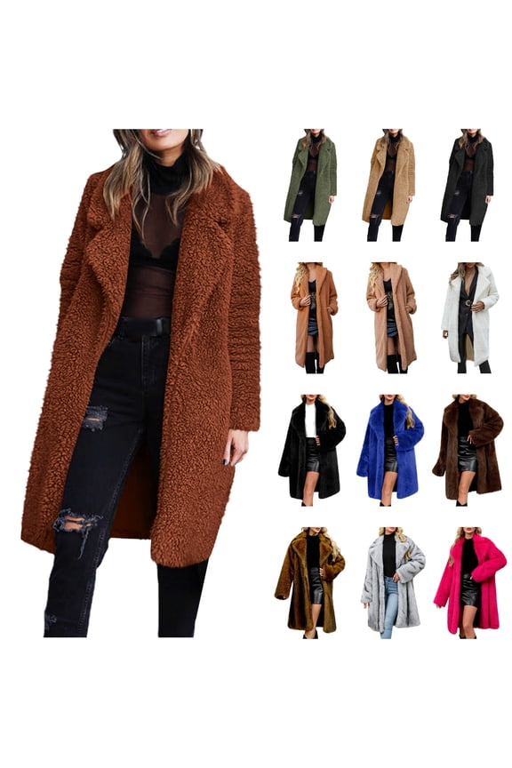 Womens Faux Fur Long Coats Thermal Thick Long Sleeve Winter Coats Solid Color Casual Lapel Fleece Cardigans Streetwear, Brown, M