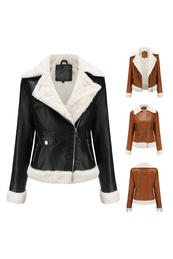 Womens Faux Shearling Moto Jacket Fashion Leather Motorcycle Jackets Fall Winetr Long Sleeve Fleece Lined Coat, Black, XXL