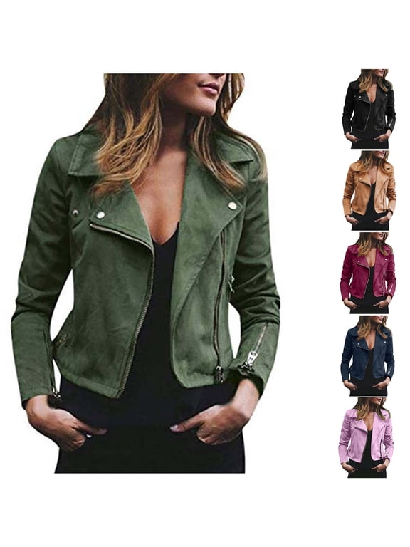 Womens Faux Suede Jacket Casual Cropped Motorcycle Jackets Plus Size Long Sleeve Lapel Zipper Coats with Pockets, Green, XXXL