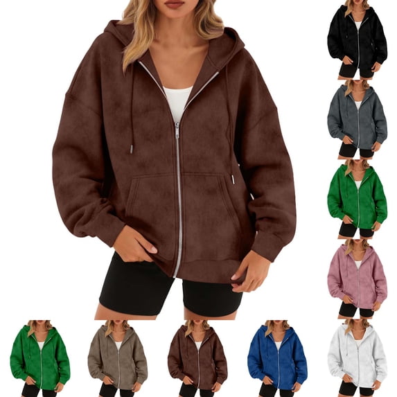 QATAINLAV Womens Faux Suede Jacket Fall Winter Clothes Solid Color Zipper Hooded Sweat Jackets Outwear with Pocket, Coffee, S