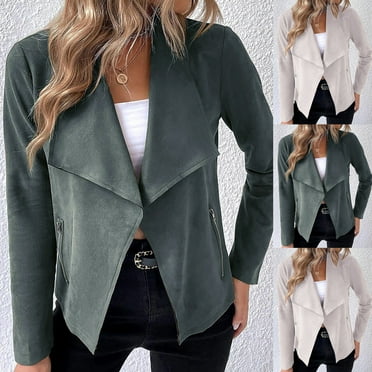 QATAINLAV Womens Faux Suede Jacket Lightweight Moto Biker Jacket Open Front Lapel Draped Outwear Jackets Cropped Cardigan with Zipper Pockets Cyber and Monday Deals Army Green M