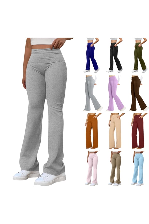 Womens Flare Leggings Fold Over High Waist Yoga Pants Buttery Soft Bell Bottom Leggings Solid Casual Y2K Sweatpants, White, M