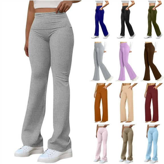 QATAINLAV Womens Flare Leggings Fold Over High Waist Yoga Pants Buttery Soft Bell Bottom Leggings Solid Casual Y2K Sweatpants Lightning Sale Navy M