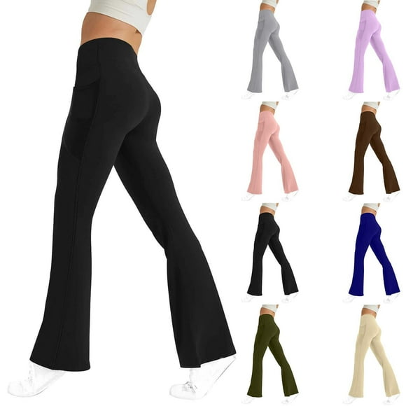 QATAINLAV Womens Flare Yoga Pants with Pockets Casual High Waist Bootcut Flared Leggings Solid Color Butt Lifting Bell Bottom Tights Brown XXL Todays Daily Sales