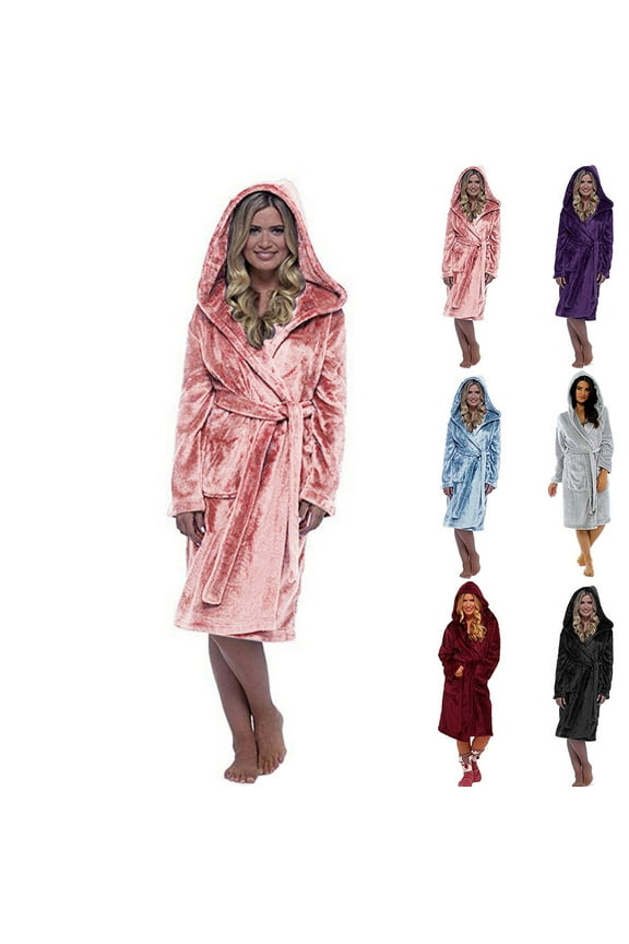 Womens Fleece Hooded Robe Soft Lounge Bathrobe Solid Casual Plush Warm Sleep Robes Fuzzy Lounge Pajamas with Pocket, Black, XXXXL