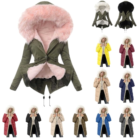 QATAINLAV Womens Fleece Lined Puffer Coat Hooded Faux Fur Trim Winter Quilted Overcoat Mid Length Down Jacket with Pockets, Dark Gray, XL