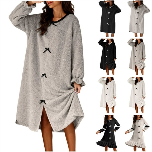 QATAINLAV Womens Fleece Long Sleeve Mini Dress Pajamas Casual Crew Neck Rolled Cute Sleepwear, Gray, XXL