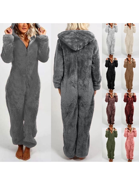 Womens Fleece Onesie Pajamas Winter Warm Hooded Jumpsuit Solid Casual Plush Long Sleeve Rompers Loungewear Gray L