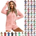 thumbnail image 1 of QATAINLAV Womens Fleece Short Jumpsuit Cute Bear Hooded Romper Pajamas Long Sleeve Sherpa Warm Fuzzy Onesie Zip Up Playsuit, Hot Pink, XL, 1 of 6