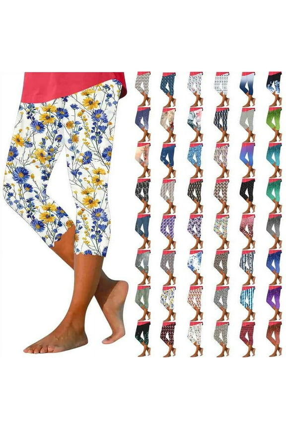 Womens Floral Printed Cropped Leggings Buttery Soft Stretchy Yoga Workout Capri Pants Lightweight Summer Tights Black XXXL Lightening Sale
