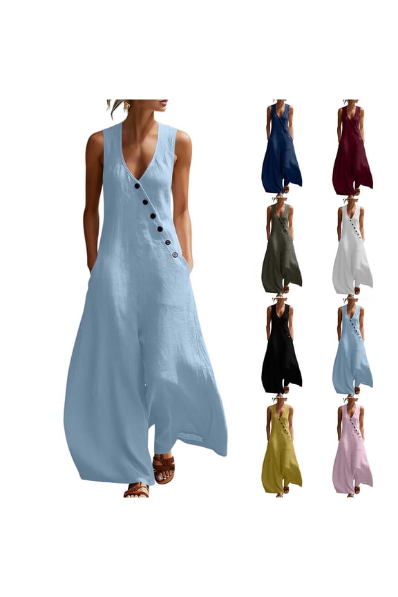 Womens Flowy Wide Leg Linen Jumpsuits Summer Sleeveless V Neck Rompers One Piece Pants Beach Outfits with Pockets Wine XL