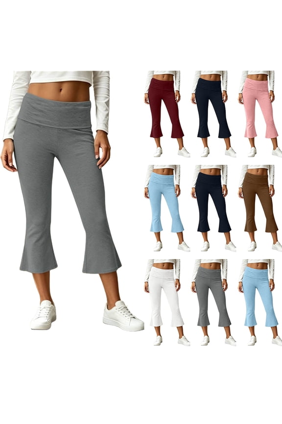 Womens Fold Over Capri Pants Casual Flared Wide Leg Cropped Yoga Pants Solid Color Bell Bottom Workout Trousers Gray XXL