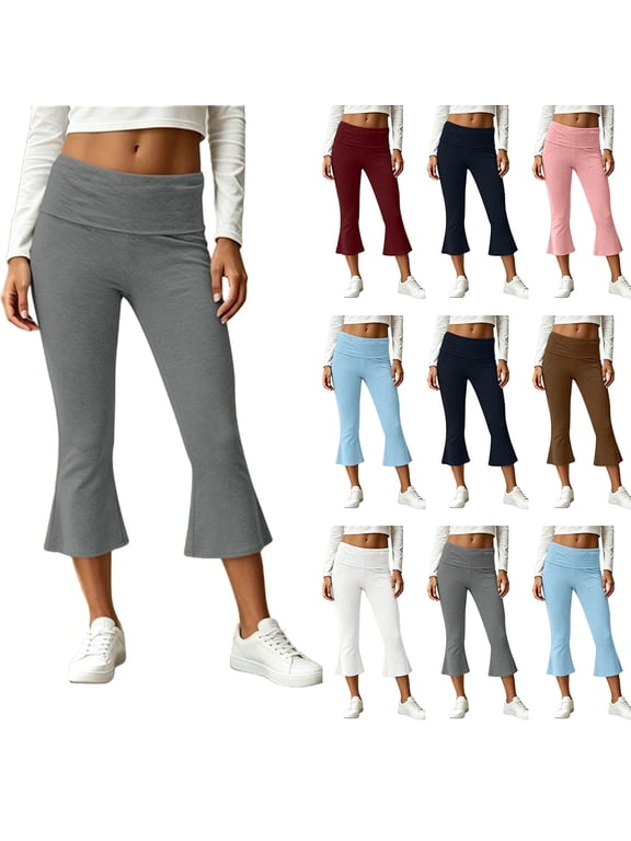 Womens Fold Over Capri Pants Casual Flared Wide Leg Cropped Yoga Pants Solid Color Bell Bottom Workout Trousers Pink M