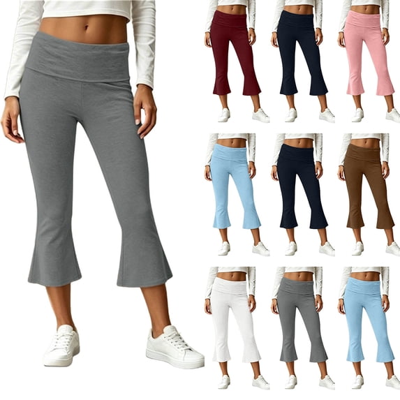 QATAINLAV Womens Fold Over Capri Pants Casual Flared Wide Leg Cropped Yoga Pants Solid Color Bell Bottom Workout Trousers Pink S