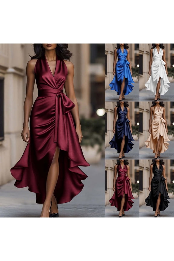 Womens Formal Party Dress Sleeveless Wedding Cocktail Long Dresses Casual Wrap V Neck Ruffle Hem Dress Black XXL