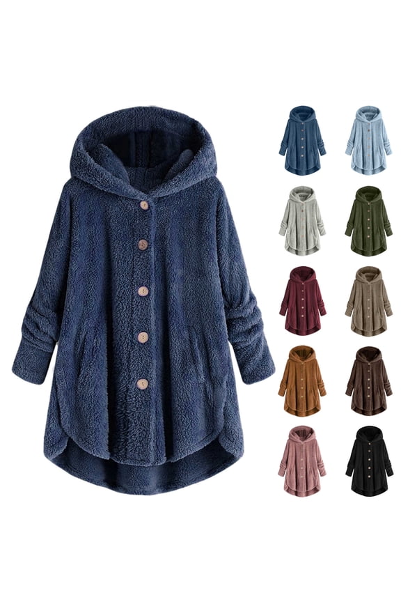 Womens Fuzzy Fleece Bed Jackets Plus Size Button Plush Hoodies Loose Cardigan Winter Cozy Coat Jacket with Pockets, Navy, XXXXXL