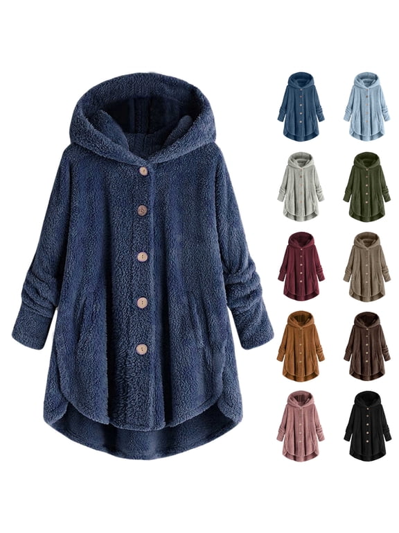 Womens Fuzzy Fleece Bed Jackets Plus Size Button Plush Hoodies Loose Cardigan Winter Cozy Coat Jacket with Pockets, Wine, XL
