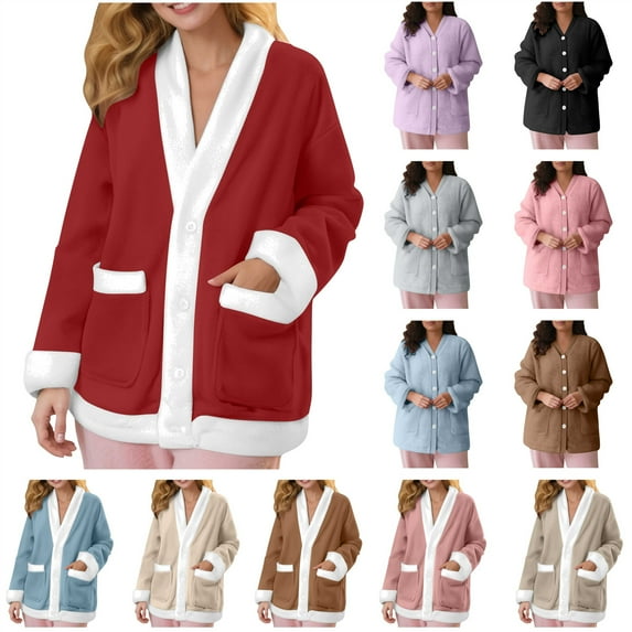 QATAINLAV Womens Fuzzy Fleece Cardigan Sleepwear Button Down Long Sleeve Plush Warm Pajama Tops Winter Flannel Jackets with Pockets, Khaki, S