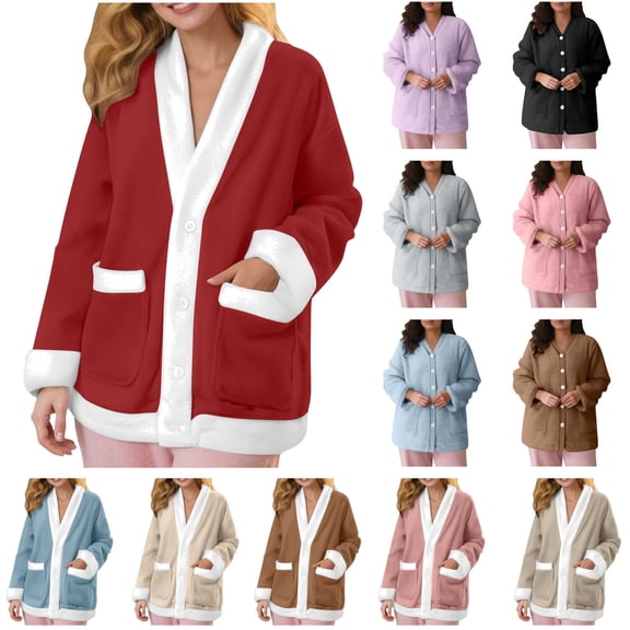 QATAINLAV Womens Fuzzy Fleece Cardigan Sleepwear Button Down Long Sleeve Plush Warm Pajama Tops Winter Flannel Jackets with Pockets Pink L