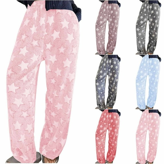 QATAINLAV Womens Fuzzy Pajama Pants Cute Star Print Fleece Pajamas Bottoms Fall Winter Warm Fluffy Pants with Pocket Sleepwear, Light Blue, M