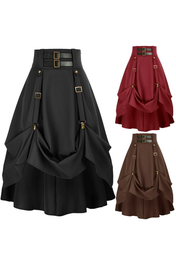 Womens Goth Steampunk Skirt High Waist Pirate Midi A-Line Skirts Renaissance Costume, Black, XXXL
