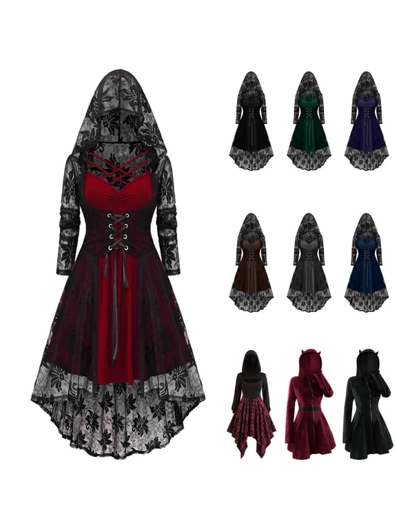 Womens Gothic Hoodies Dress Fall Winter Long Sleeve Velvet Sweatshirts Cute Cat Ear Hooded Zip up Dresses with Pockets, Black, M