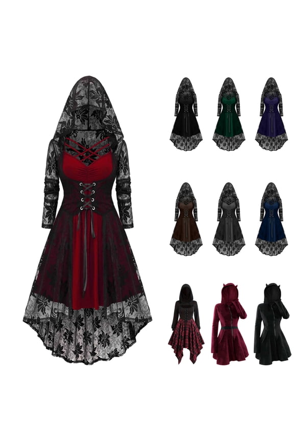 Womens Gothic Hoodies Dress Fall Winter Long Sleeve Velvet Sweatshirts Cute Cat Ear Hooded Zip up Dresses with Pockets, Wine, M