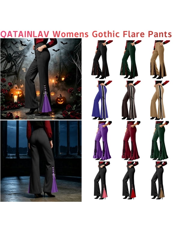 Womens Gothic Lace-up Flared Pants Color Block Ruffled Split Ankle Bell Bottom Trousers with Pockets Black XXL