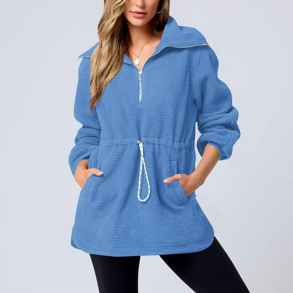 QATAINLAV Womens Half Zip Sherpa Fleece Pullover Soft Oversized Long Sleeve Sweatshirt with Pockets Solid Color 2024 Winter Warm Fuzzy Sweater Blue L Hoy Oferta Flash