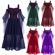 QATAINLAV Halloween Costumes for Women Casual Cold Shoulder Batwing Sleeve Dress Lace Patchwork Vintage Gothic Corset Dresses Wedding Guest Dress Today's Lightning Deals Wine XL