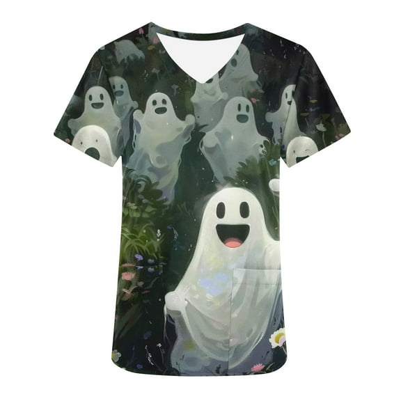 QATAINLAV Womens Halloween Holiday Scrubs Stretchy Medical Nursing Scrub Tops Cute Ghost Print Short Sleeve V Neck Tunic Shirt Working Uniform Scrubs with Pockets Limited Time Deal Green L