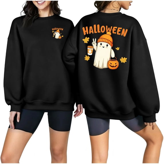 QATAINLAV Womens Halloween Sweatshirt Cute Ghost Pumpkin Graphic Fall Crewneck Tops Letter Print Front and Back Graphic Long Sleeve Shirts Black M