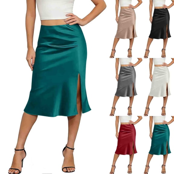 QATAINLAV Womens High Waist Silky Satin Midi Skirt Casual Elastic Waist A Line Skirts with Slit Solid Knee Length Long Skirt Green XL