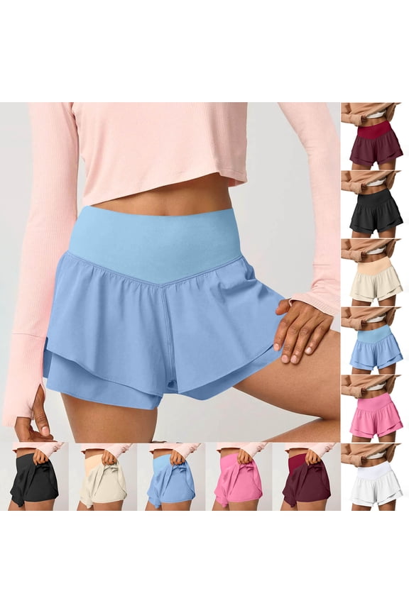 Womens High Waisted Athletic Shorts Casual Ruffle Tiered Running Workout Tennis Shorts Elastic Waist Yoga Shorts with Build in Shorts Wine S Mother's Day Gifts