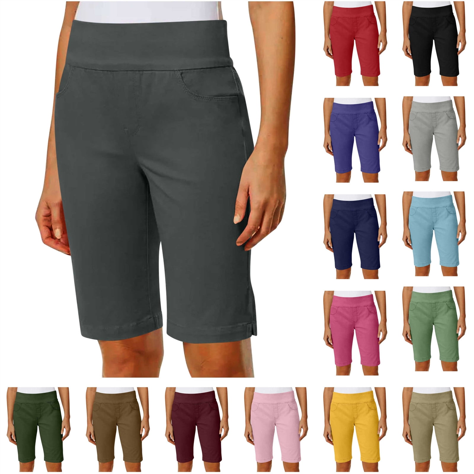 QATAINLAV Womens High Waisted Bermuda Shorts Solid Casual Knee Length ...