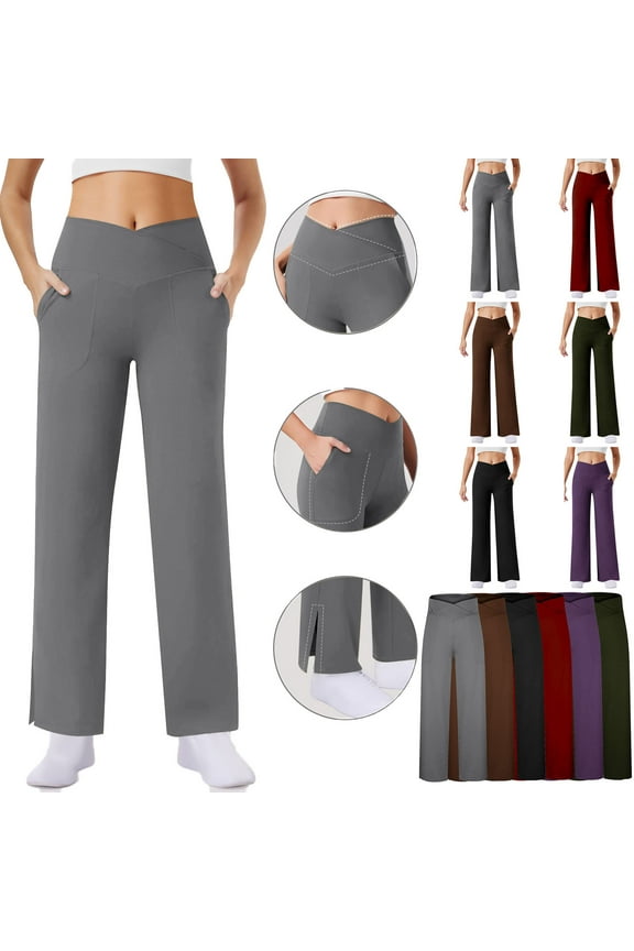 Womens High Waisted Crossover Yoga Pants with Pockets Solid Casual Split Straight Leg Workout Pants Gym Sport Leggings Black S Mother's Day Gifts