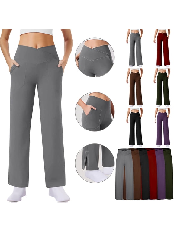 Womens High Waisted Crossover Yoga Pants with Pockets Solid Casual Split Straight Leg Workout Pants Gym Sport Leggings Brown XXL Sales of The Day Lightning