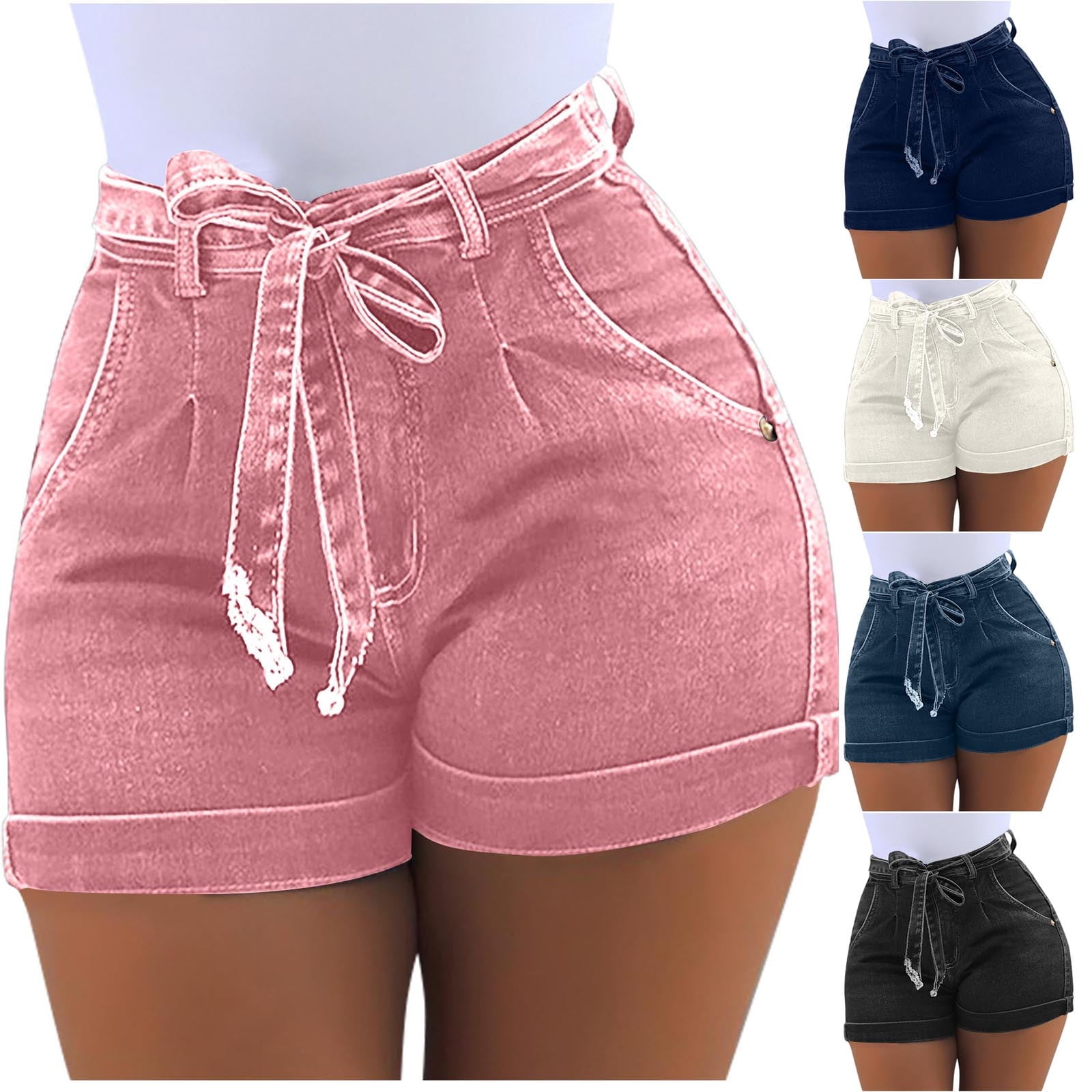 QATAINLAV Womens High Waisted Jean Shorts Comfy Stretchy Workout Denim Shorts Soid Color Summer Short Jeans with Belt Going Out Outfits Lightning Deals Today Dark Blue XXXXXL Walmart