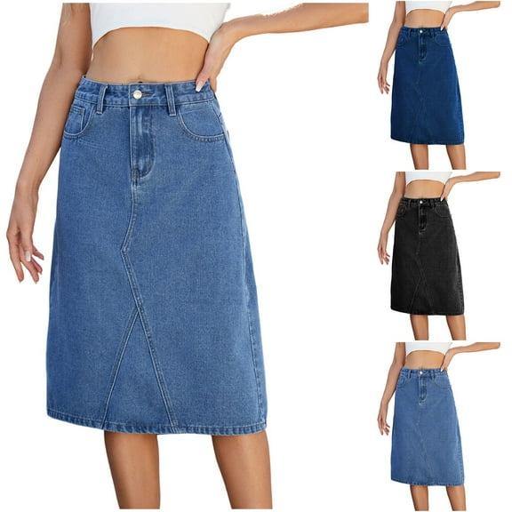 QATAINLAV Womens High Waisted Jean Skirts with Pockets A Line Stretchy Casual Work Denim Skirt with Pockets Fashion Streetwear, Dark Blue, L, Gifts for Mom