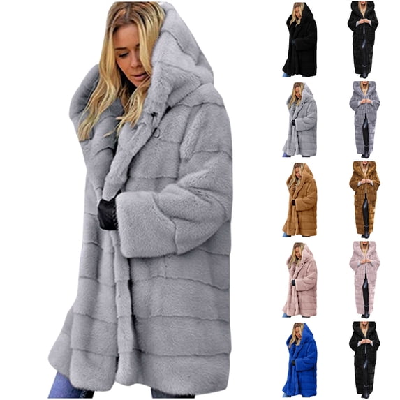 QATAINLAV Womens Hooded Faux Fur Winter Coats Long Sleeve Fluffy Fleece Open Front Cardigans Jacket Fashion Clothes, Pink, M