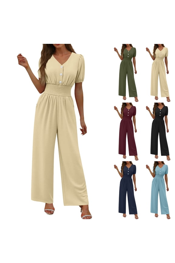 Womens Jumpsuits Short Sleeve V Neck Dressy Casual Wide Leg Pants Summer One Piece Romper Vacation Clothes, Beige, S