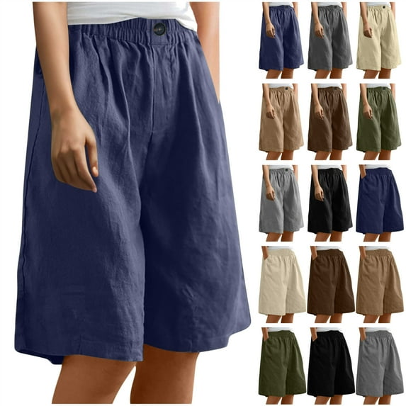 QATAINLAV Womens Knee Length Shorts Dressy Casual Summer Loose Wide Leg Bermuda Shorts Button Elastic Waist Capris with Pockets Navy XXL Vacation Sales