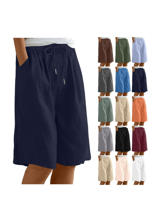 Womens Knee Length Wide Leg Linen Shorts Casual Drawstring Elastic Waist Bermuda Shorts Summer Solid Baggy Short Pants Beach Vacation Outfits Beige XL Ofertas Relampago de Hoy